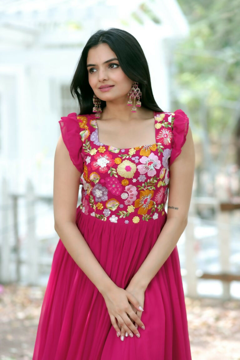 Jyoti Fashion Women's Rani Pink Sequins Thread Embroidery Faux Blooming Anarkali Dress