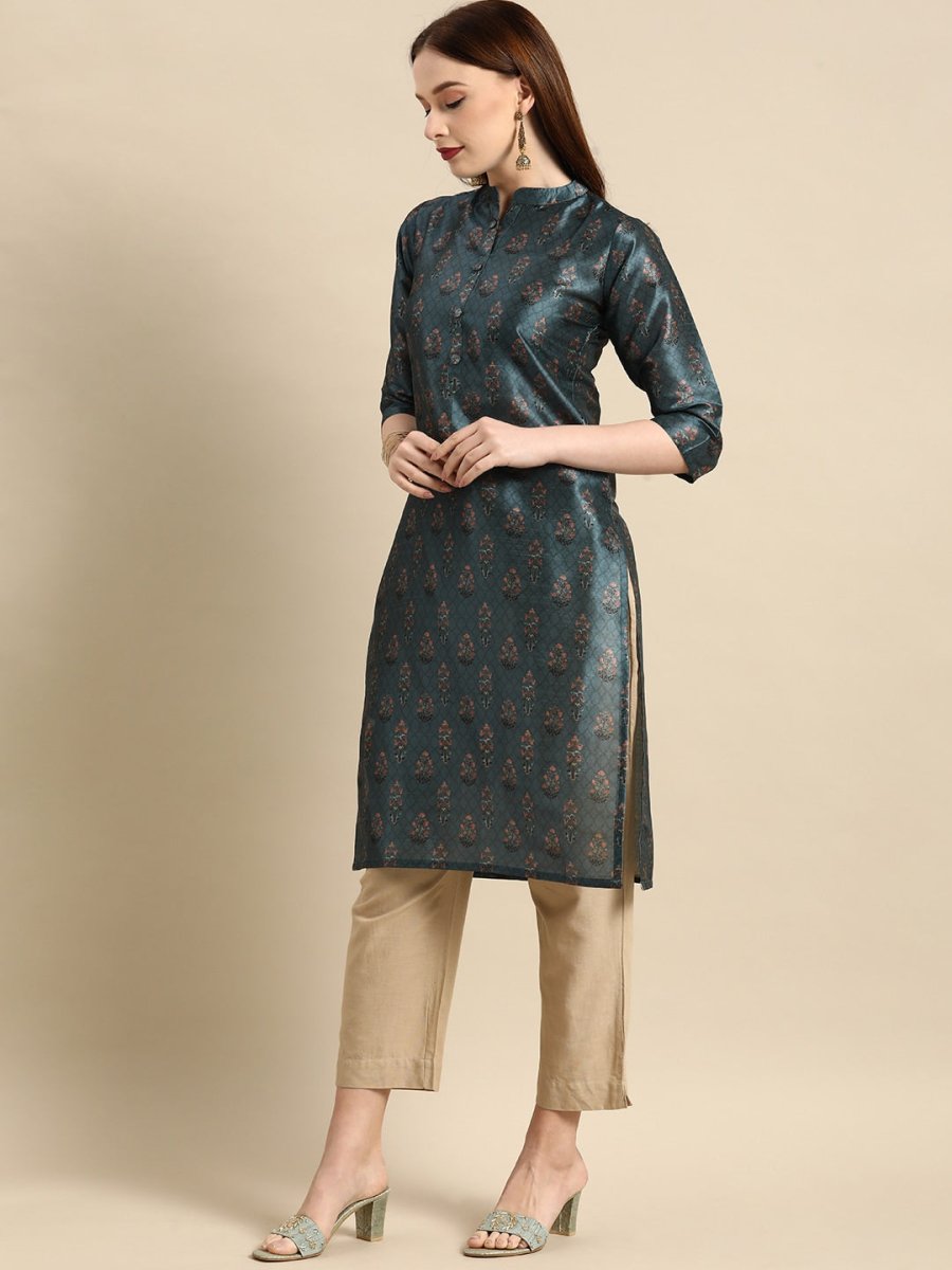 All About You Women Teal Blue Floral Block Print Mandarin Collar Chanderi Silk Blend Kurta