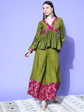 InWeave Women's Olive Wine Brocade Mughal Shaan Kurta Palazzo Set