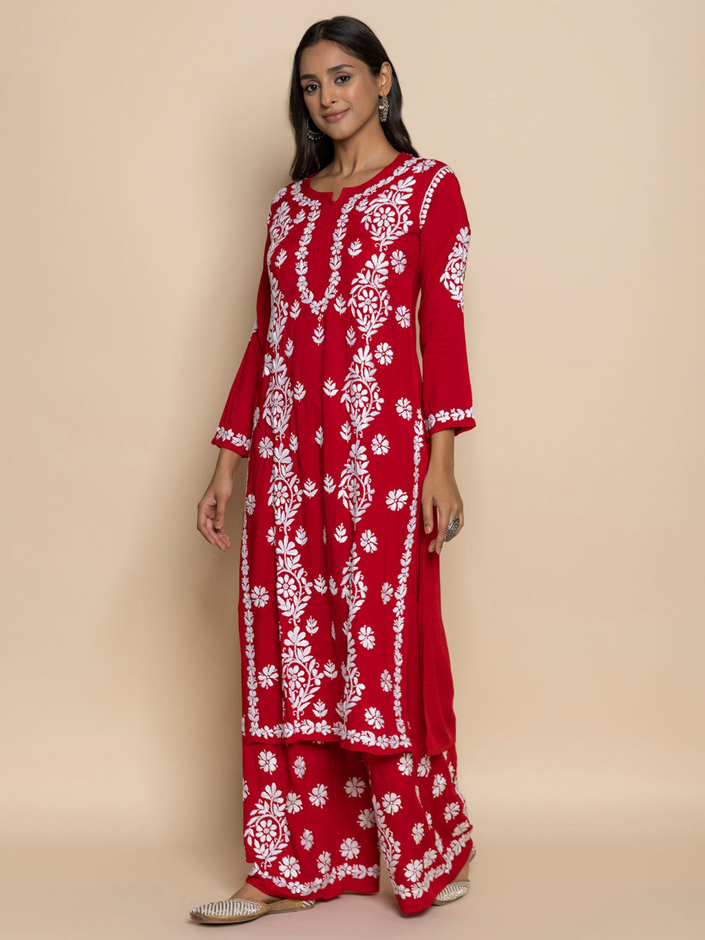 HOUSE OF KARI Floral Embroidered Chikankari Cotton A-Line Kurta