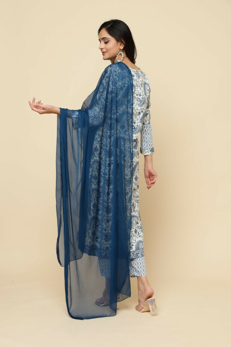 Designer Stylish White Keri cotton Stitched Suit With Dupatta - Tanisha