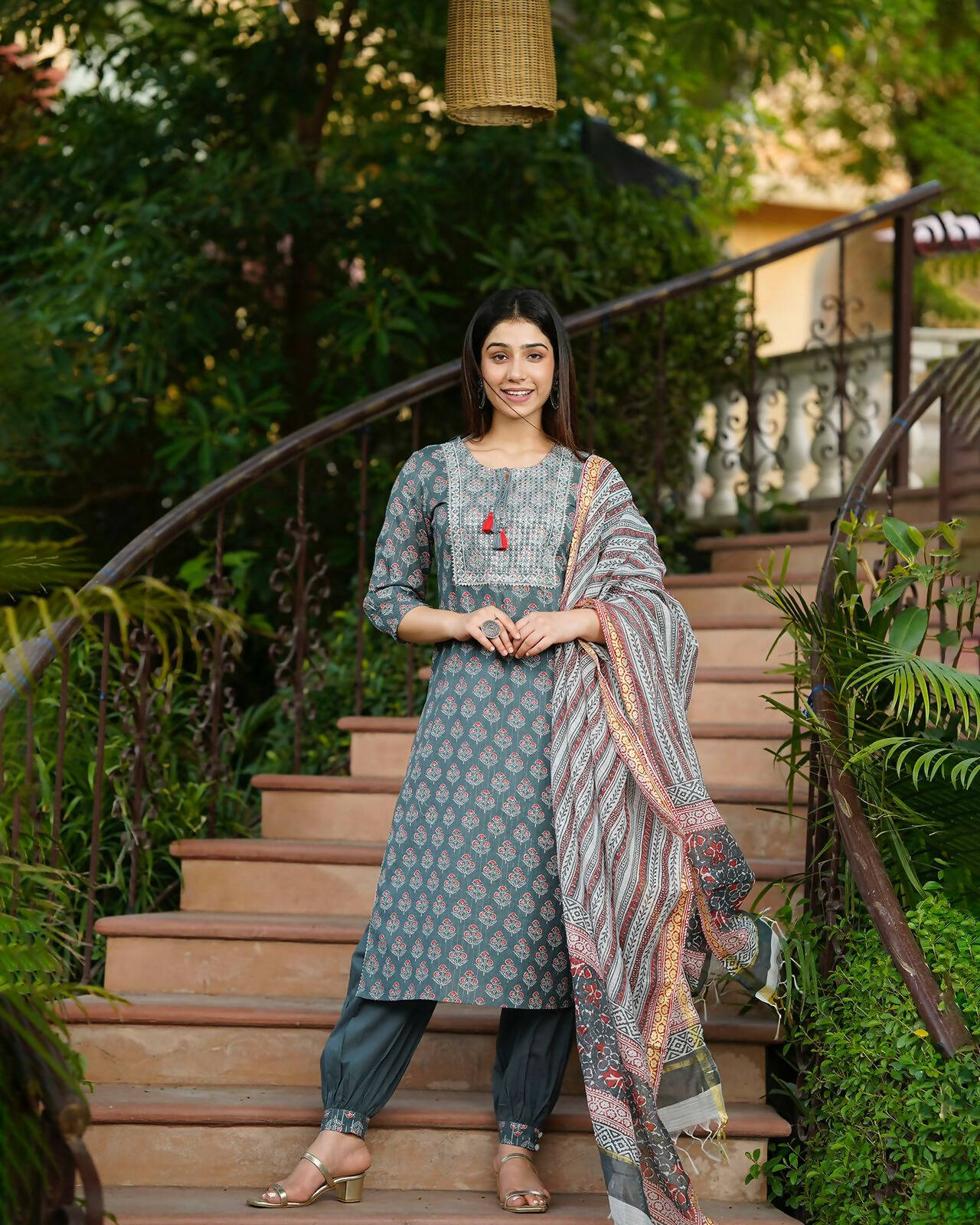 Juniper Women's Grey Cotton Printed Straight Kurta Pant Dupatta Set