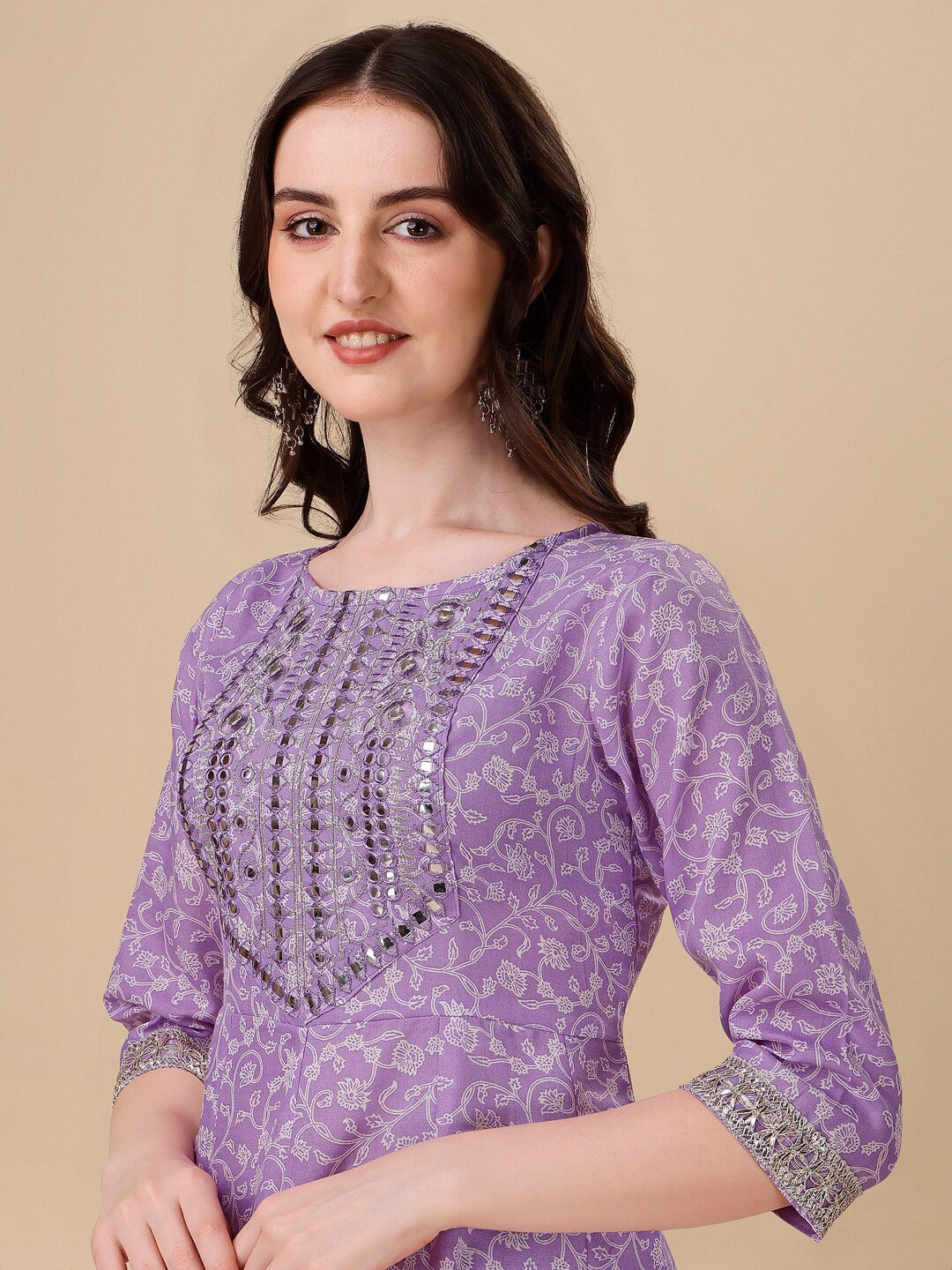 HERE&NOW Purple Floral Printed Pure Cotton A-Line Kurta & Trousers With Dupatta