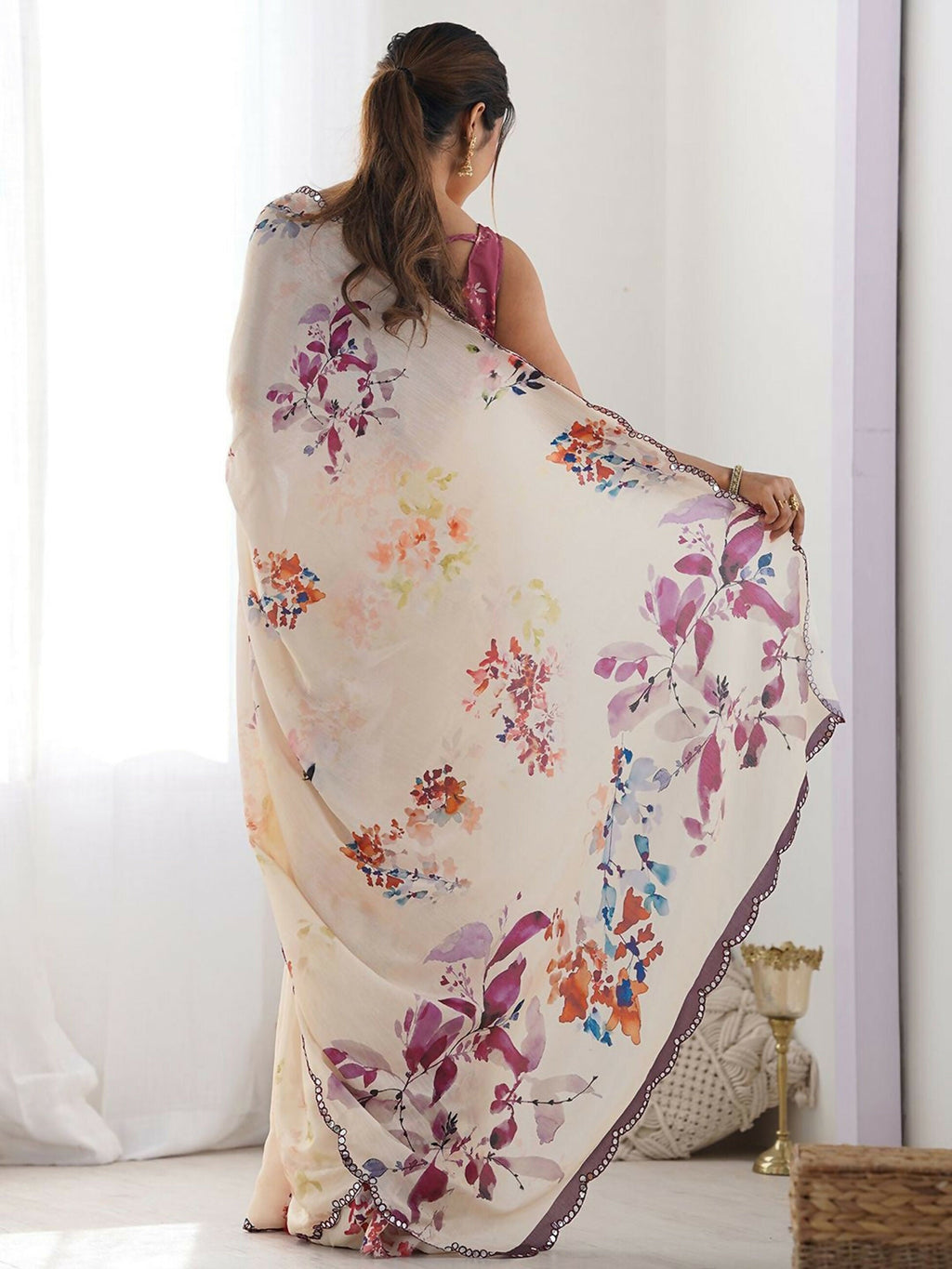 Designer Partywear Georgette Cream Fancy Saree-Druga