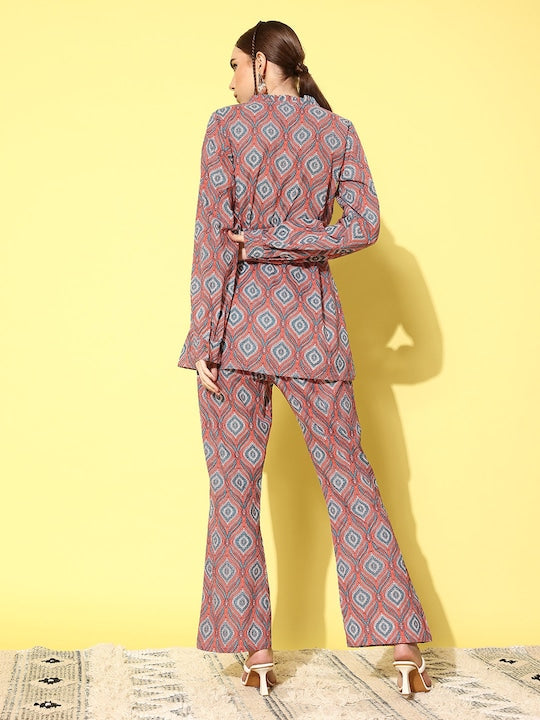 InWeave Women's Pink Blue Ogee Print Belted Coord Set