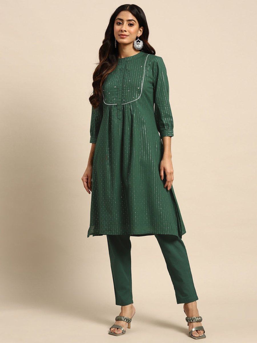 All About You Striped Pleated Sequinned Pure Cotton Kurta with Trousers