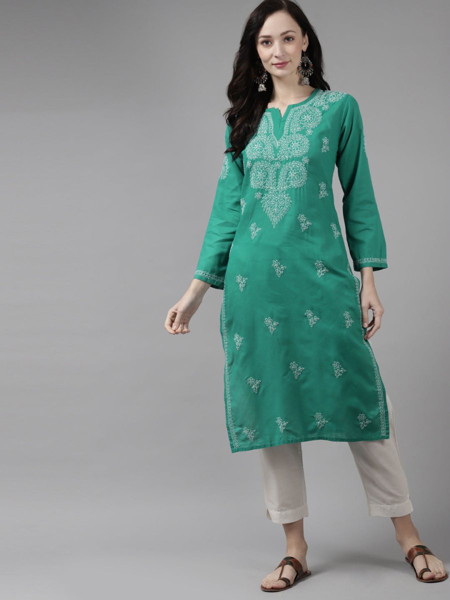 ADA Women Green & White Ethnic Motifs Hand Embroidered Chikankari Handloom Kurta