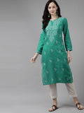 ADA Women Green & White Ethnic Motifs Hand Embroidered Chikankari Handloom Kurta