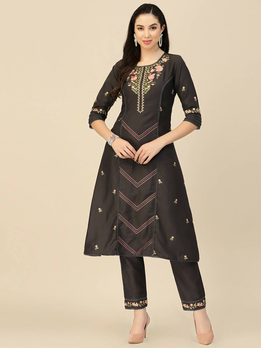 Black Embroidered Chinon Straight Kurta With Trouser & Dupatta - Salimar