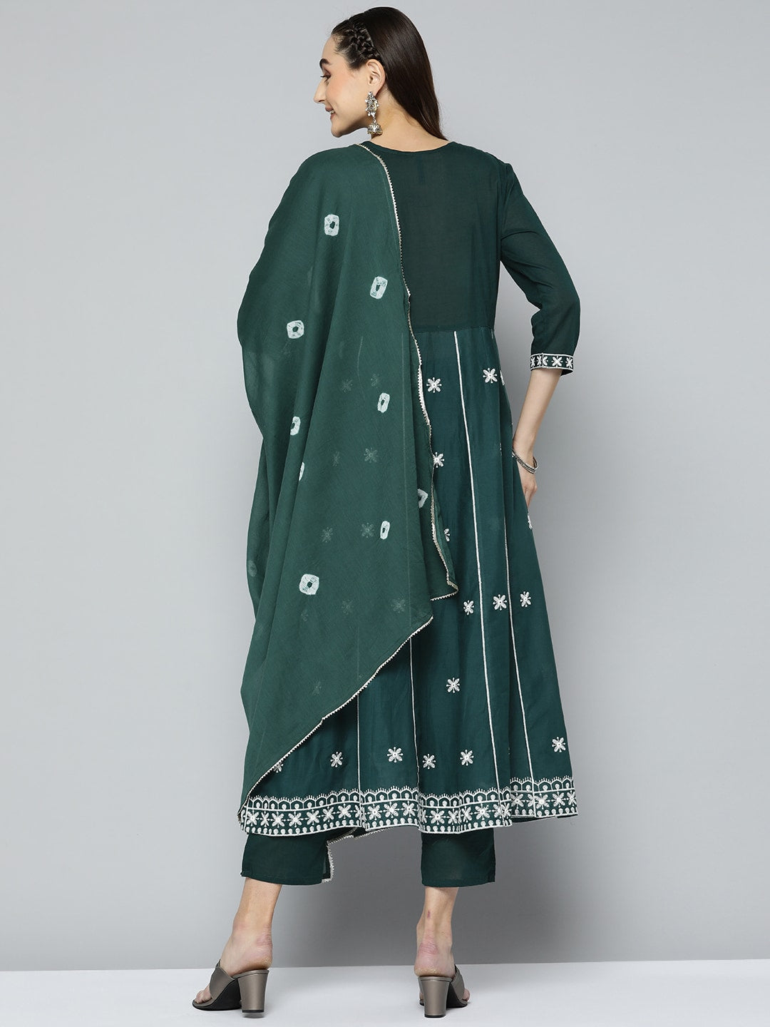 HERE&NOW Women Green & White Ethnic Motifs Embroidered Kurta with Trousers & With Dupatta