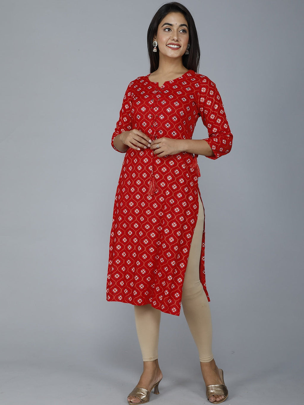 HERE&NOW Women Red Ethnic Motifs Printed Mirror Work Kurta