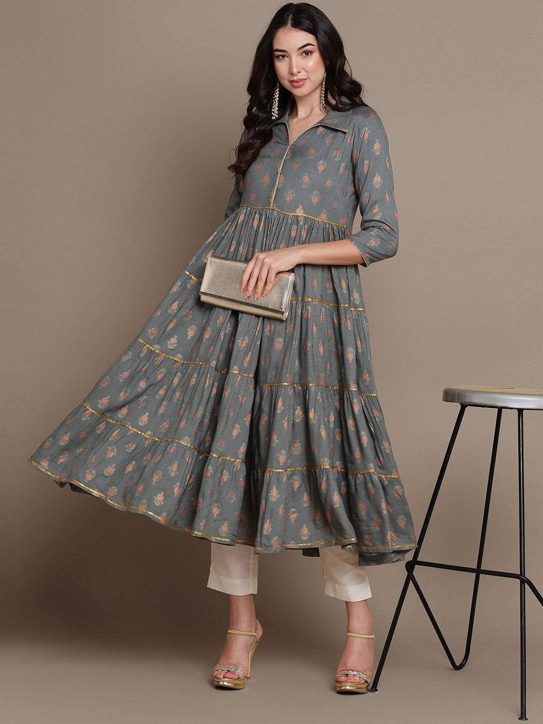 HERE&NOW Ethnic Motifs Printed Shirt Collar Tiered Pure Cotton A-Line Kurta