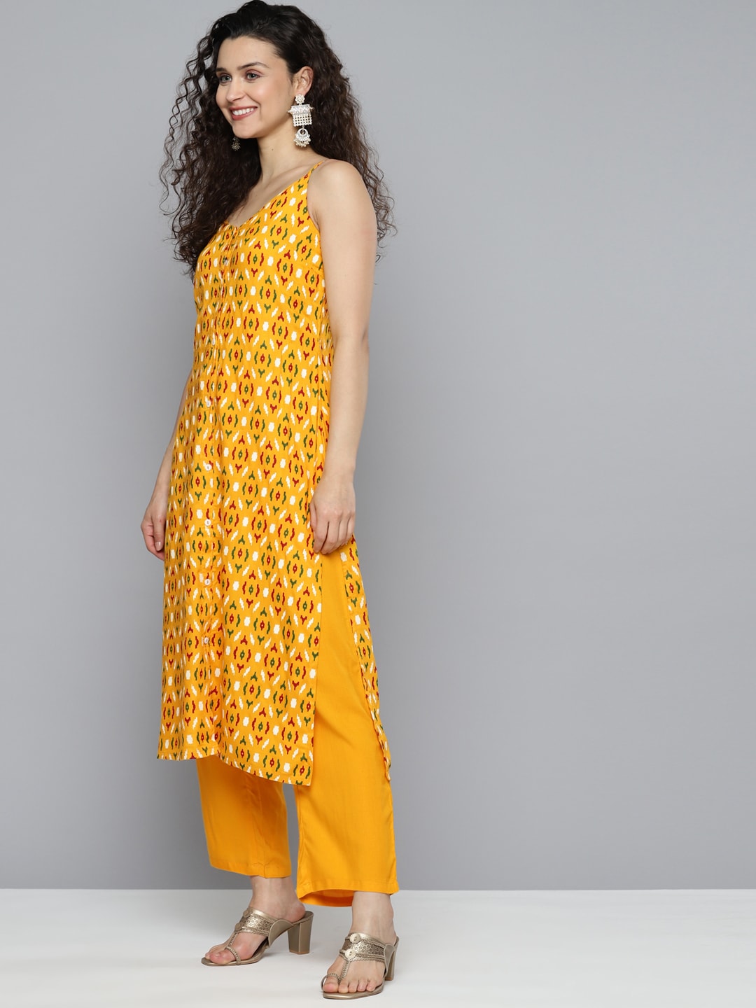 HERE&NOW Women Mustard Yellow Ethnic Motifs Printed Kurta with Trousers & With Dupatta