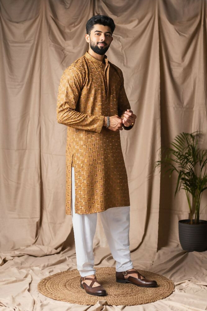 Occur Yellow Rayon Thread Embroidery Work Kurta Set - Mahotsav
