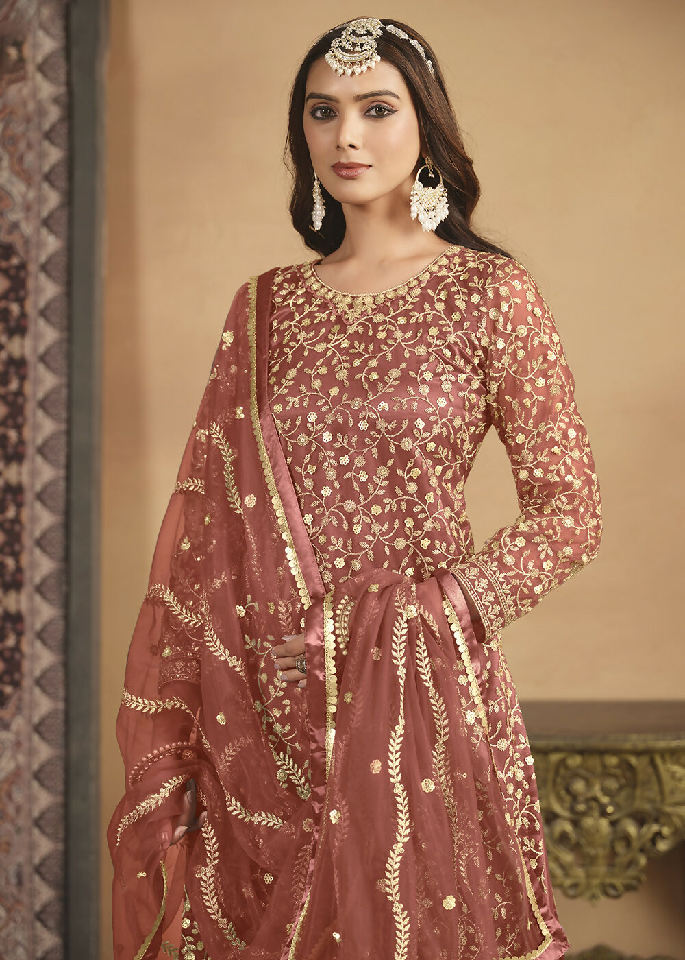 Net Rust Orange Embroidered Festive Gharara Style Suit - Emponline