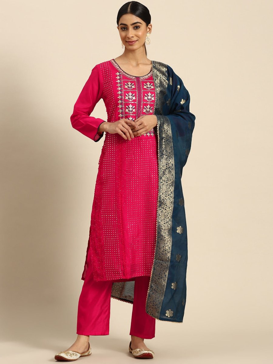 All About You Ethnic Motifs Embroidered Chanderi Silk Kurta with Trousers & With Dupatta