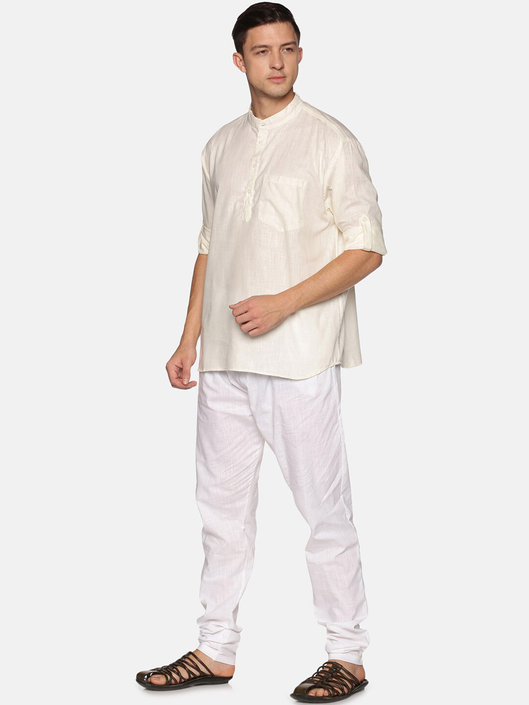 Sethukrishna Men Beige & White Pure Cotton Kurta with Pyjamas