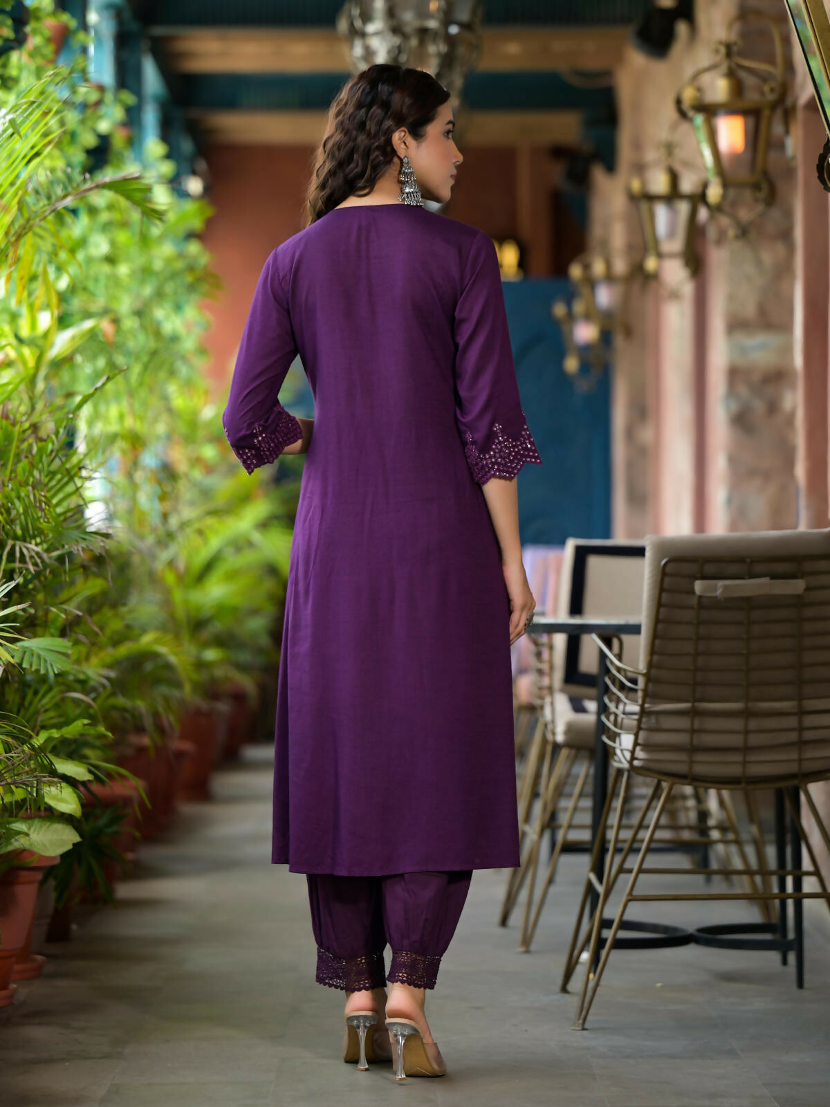 Juniper Women's Plum Thread Embroidered Liva Rayon Kurta Set With Buttons & Mirror Work