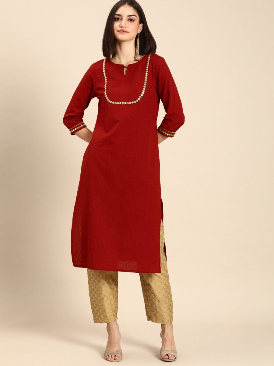 All About You Women Red & Gold-Toned Keyhole Neck Gotta Patti Kurta