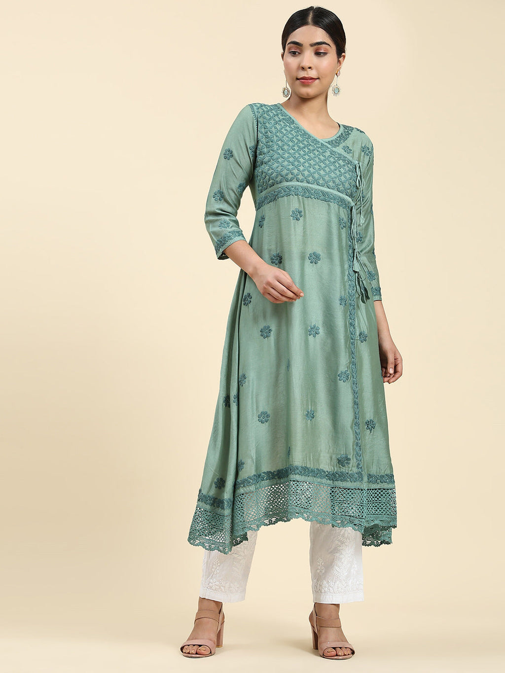 HOUSE OF KARI Embroidered Chikankari Chanderi Silk Anarkali Kurta
