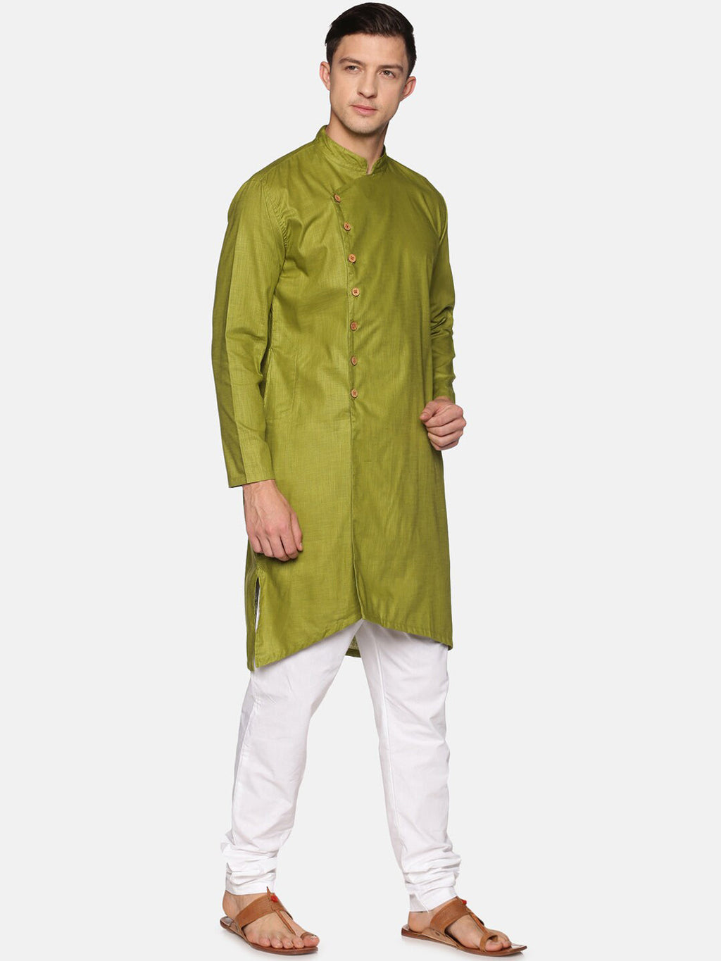 Sethukrishna Men Green Angrakha Pure Cotton Kurta with Pyjamas