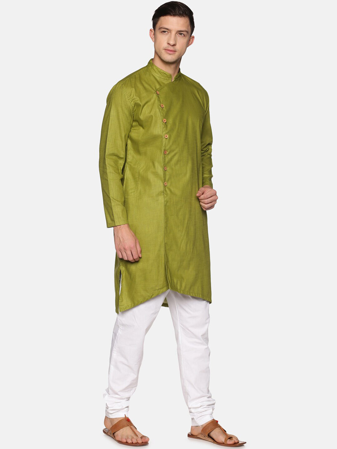 Sethukrishna Men Green Angrakha Pure Cotton Kurta with Pyjamas