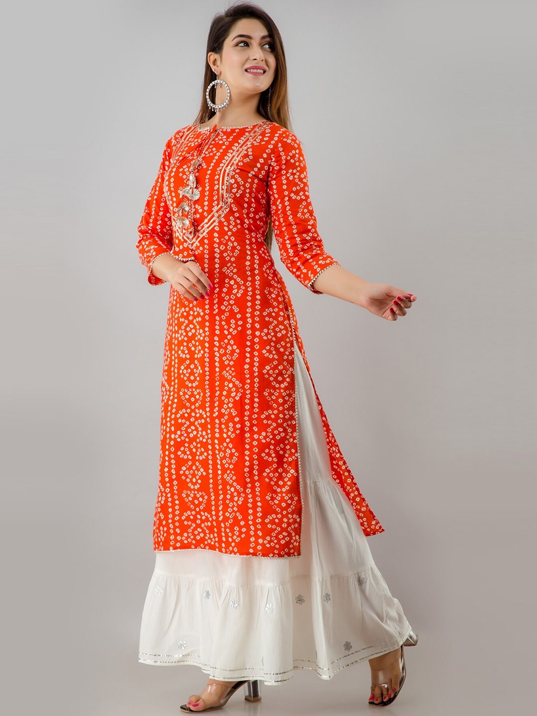 HERE&NOW Orange & White Bandhani Printed Gotta Patti Kurta with Sharara