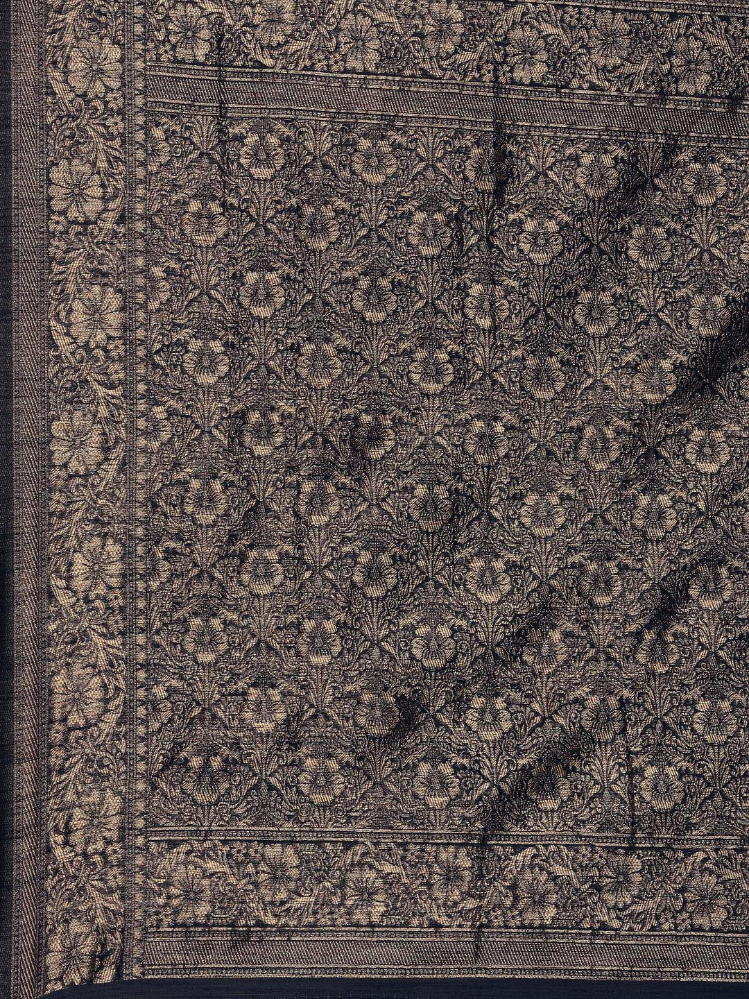 Saree Mall Navy Blue Floral Linen Blend Banarasi Saree