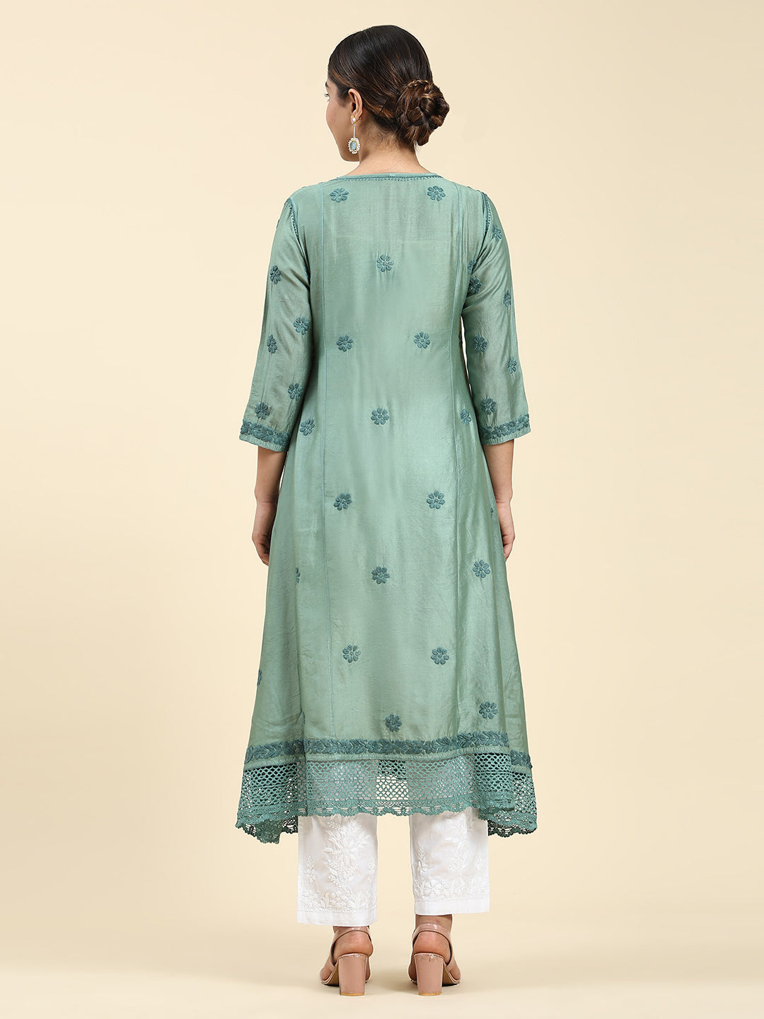 HOUSE OF KARI Embroidered Chikankari Chanderi Silk Anarkali Kurta