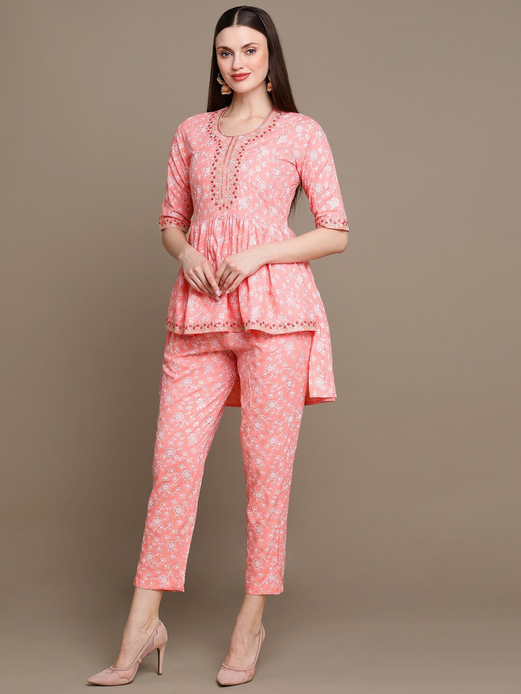 HERE&NOW Floral Printed Embroidered Sequinned High-Low Kurti with Trouserss