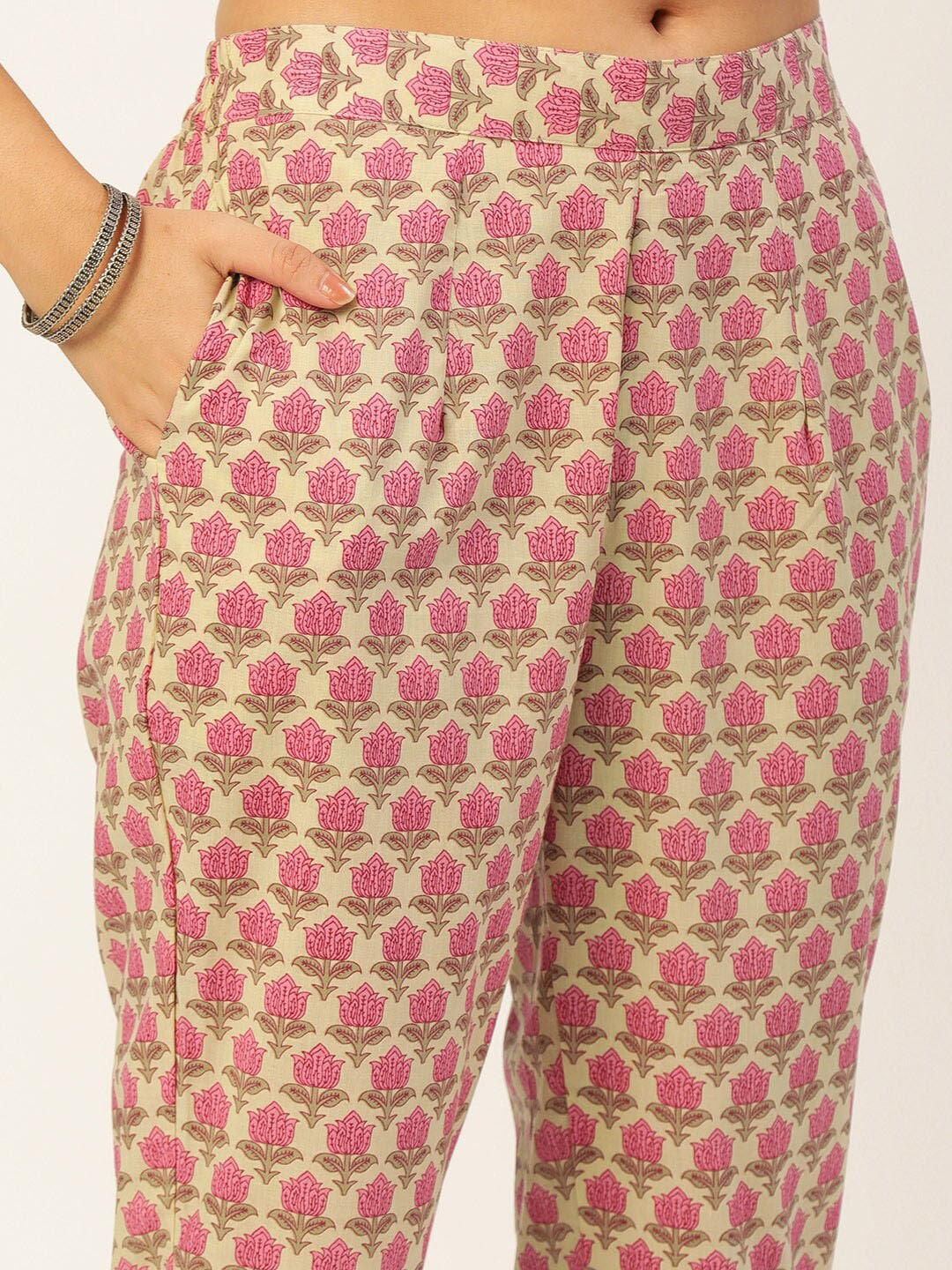HERE&NOW Women Pink Floral Printed Angrakha Pure Cotton Kurta with Trousers & With Dupatta