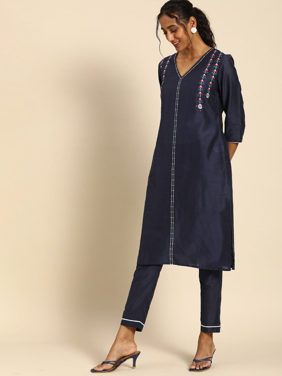 All About You Women Navy Blue Embroidered Regular Thread Work Kurta with Trousers