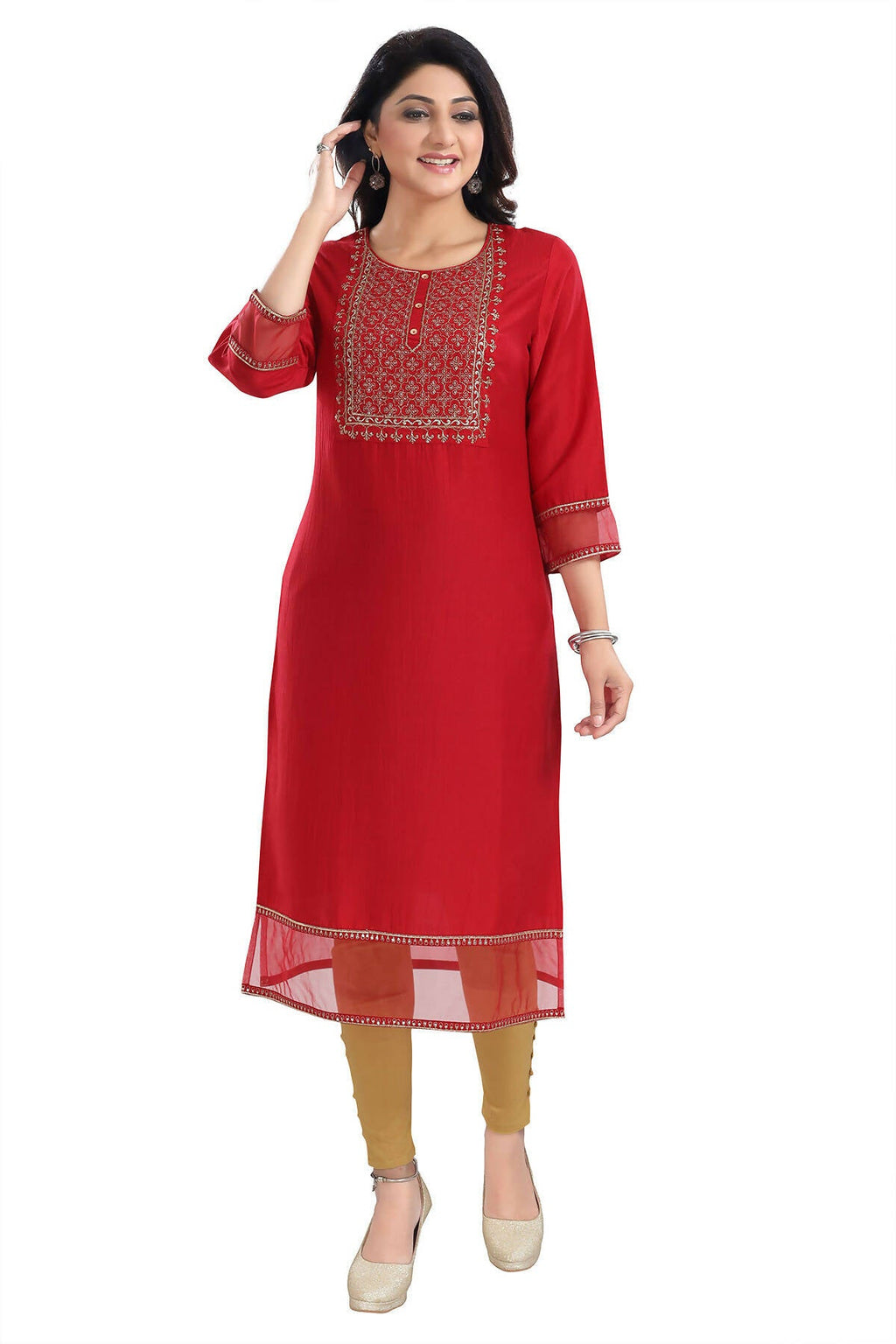 Snehal Creations Mighty Red Art Silk Designer Long Kurti Tunic With Zari Embroidery