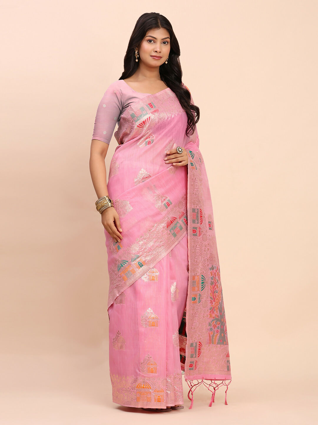 Shree Shyam Fashion Linen Cotton Pink Saree