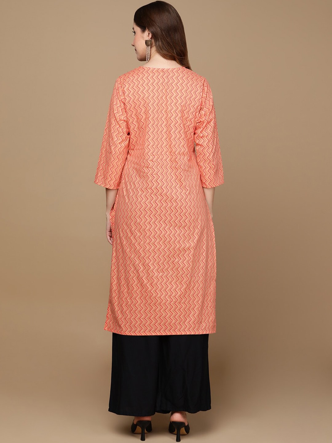HERE&NOW Peach-Color & Red Chevron Printed Beads Pure Cotton Kurta