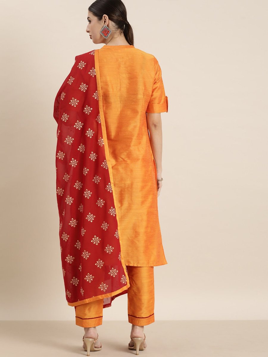 All About You Women Orange Regular Kurta with Trousers & With Dupatta