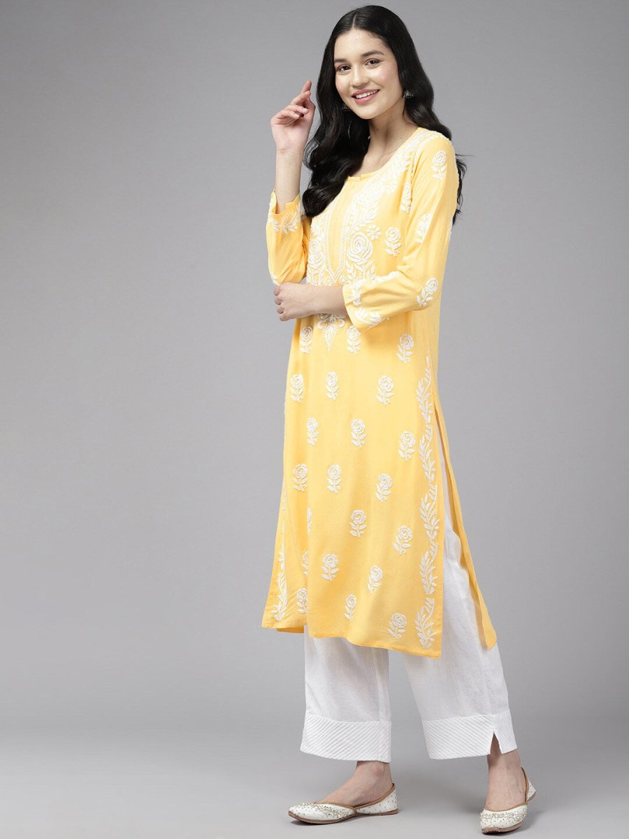 ADA Floral Embroidered Lucknowi Chikankari Cotton Silk Straight Kurta
