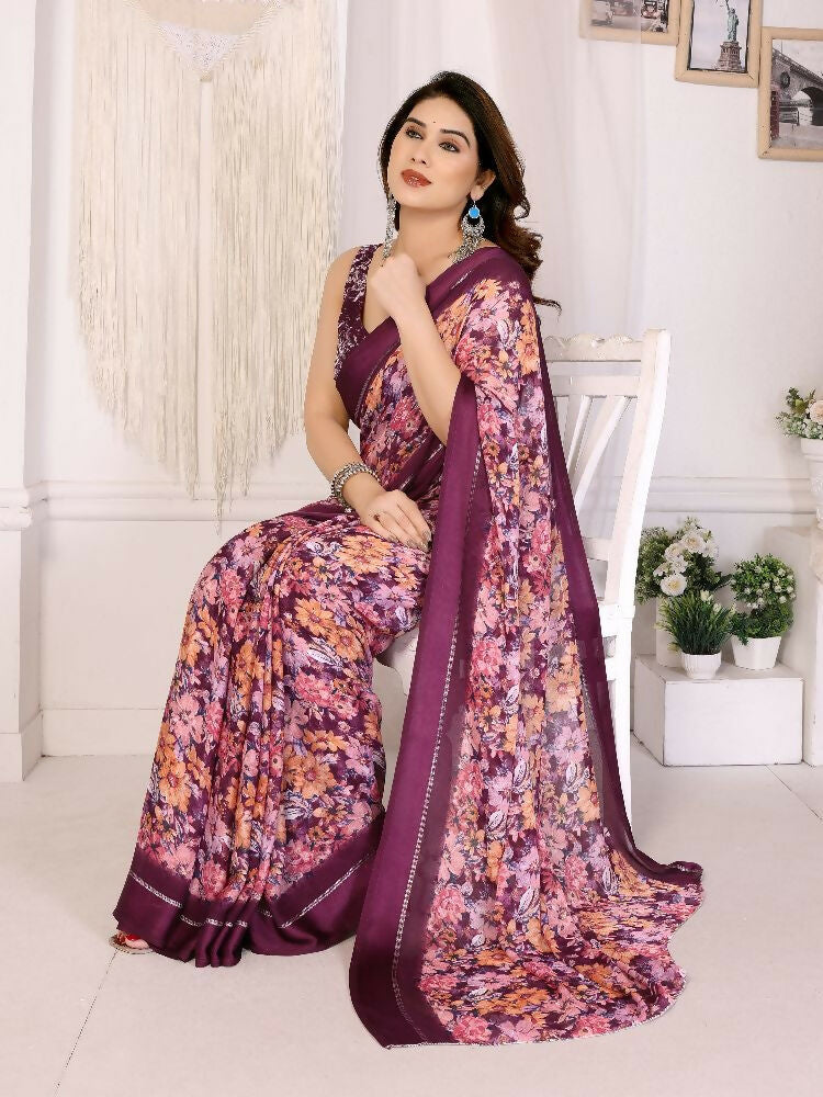 PR Fashion Purple Bright Moss Satin Patta Printed Saree