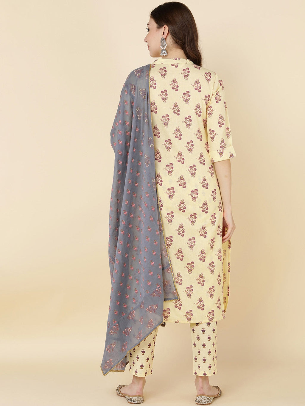 HERE&NOW Women Mustard Yellow Ethnic Motifs Printed Kurta with Trousers & With Dupatta