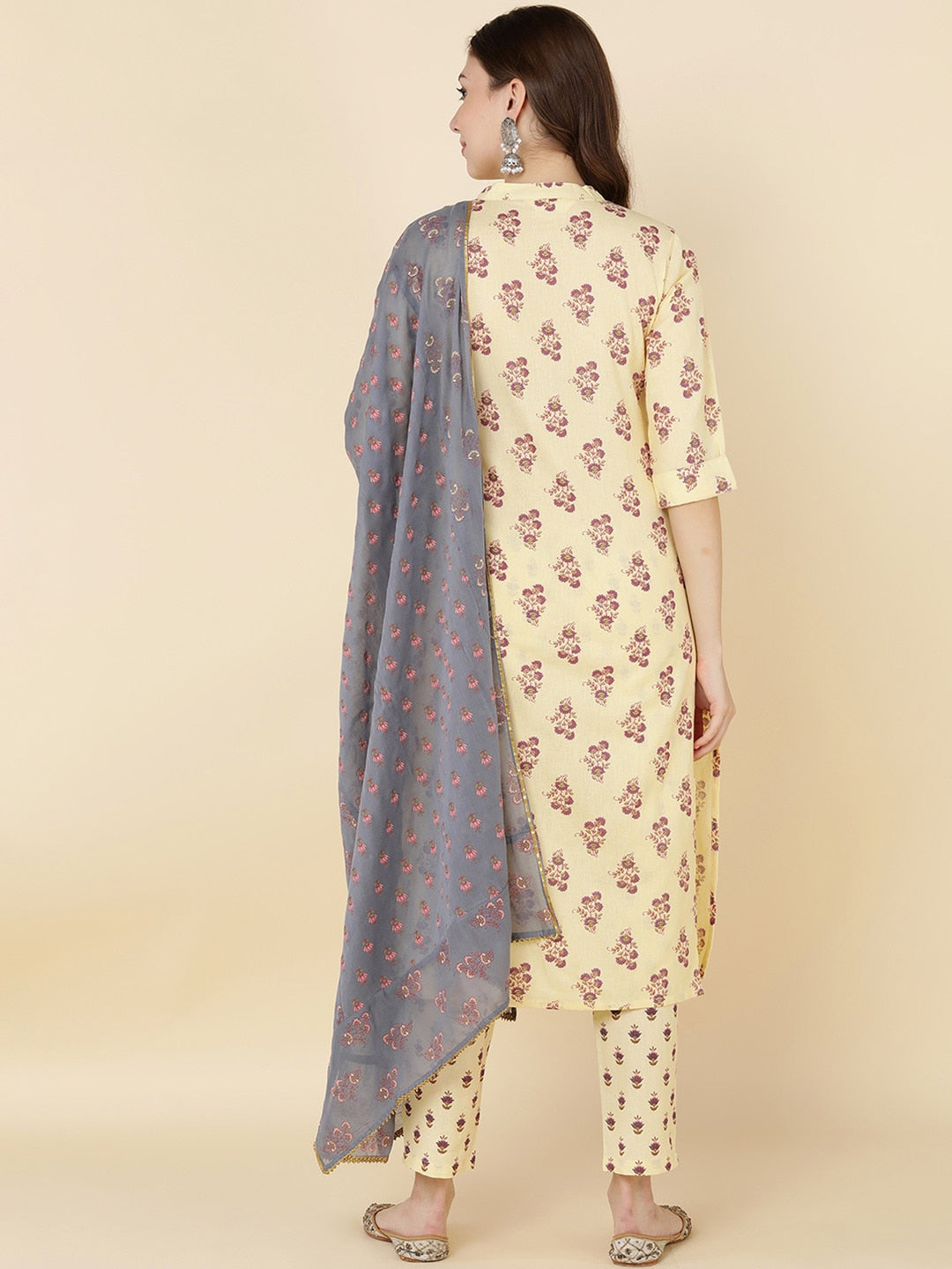 HERE&NOW Women Mustard Yellow Ethnic Motifs Printed Kurta with Trousers & With Dupatta