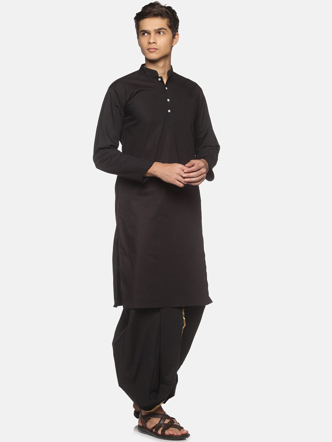 Sethukrishna Men Black Pure Cotton Kurta with Dhoti Pants