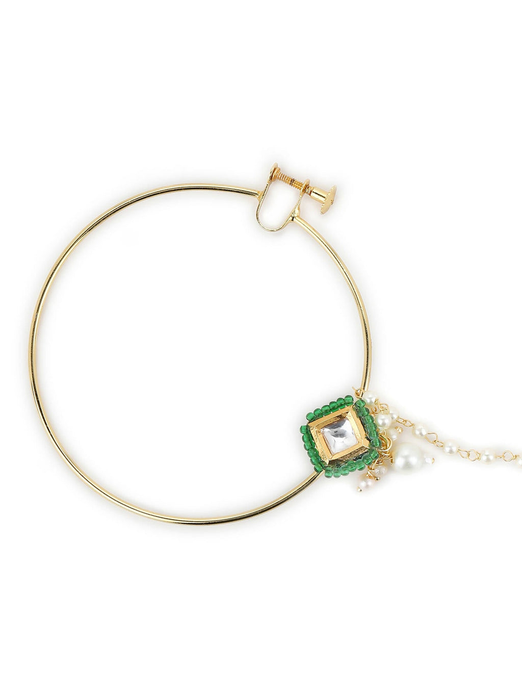 Gold-Polished Green White Kundan Studded Beaded Chained Nosepin - Ruby Raang