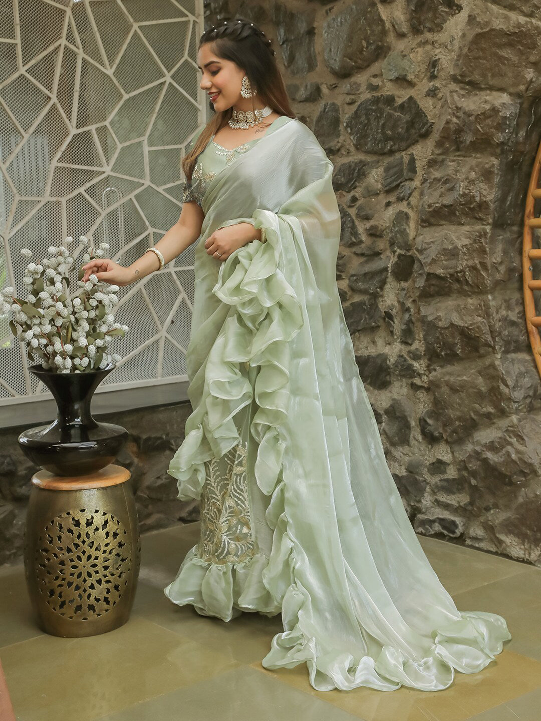 Tikhi Imli Embellished Sequinned Ruffled Ready to Wear Satin Saree