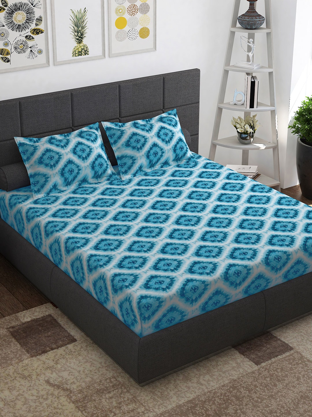 Story@home Blue & Pink Ethnic Motifs Pure Cotton 152TC Queen Bedsheet With 2 Pillow Covers
