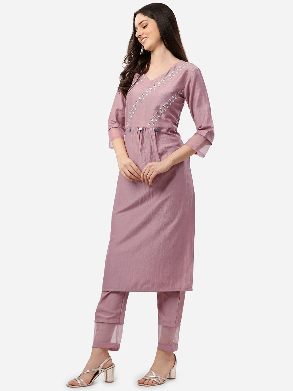 HERE&NOW Women Mauve Embroidered Pleated Mirror Work Kurta with Trousers
