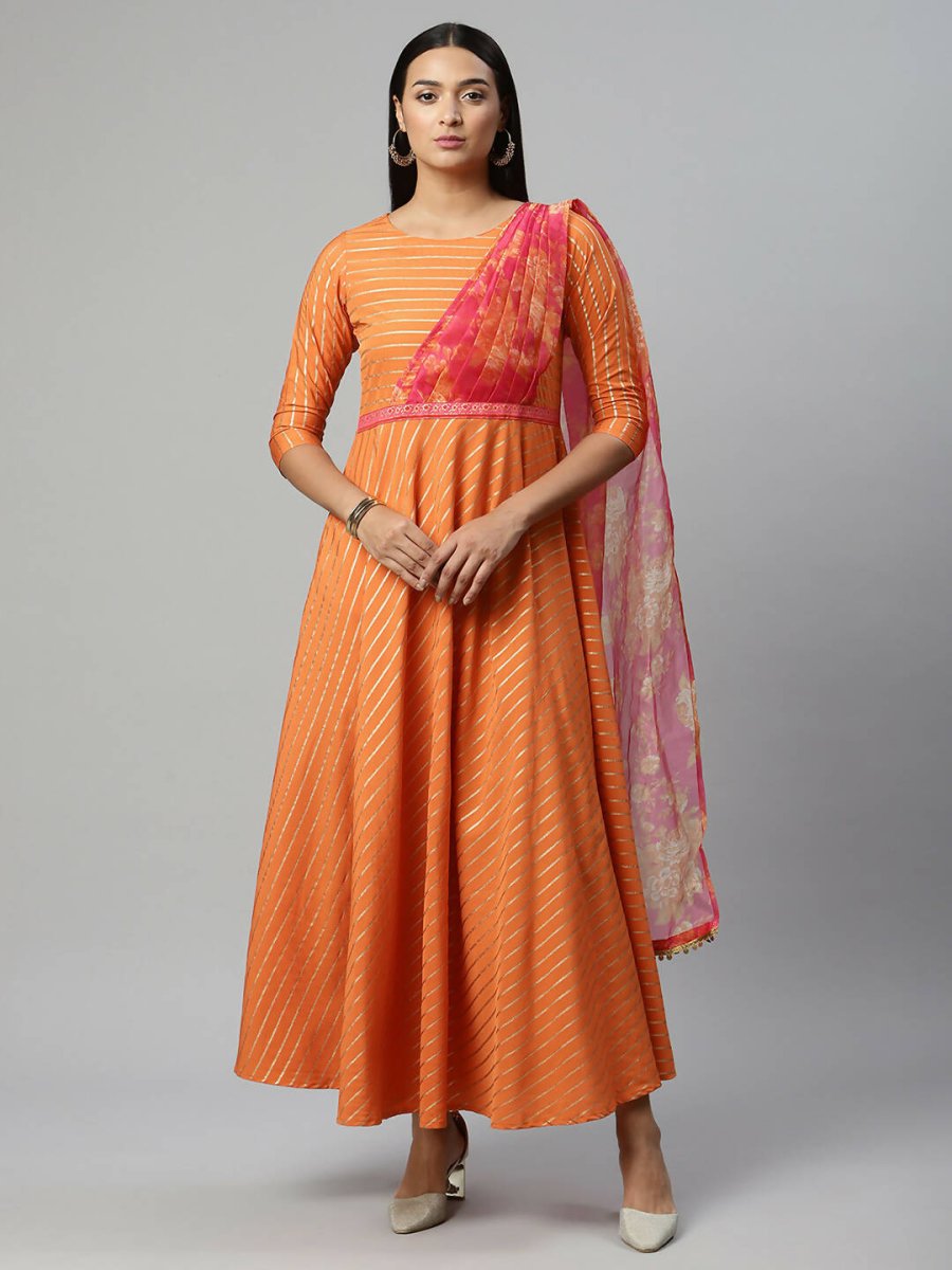 Ahalyaa Women's Orange Crepe Gold Print Dress