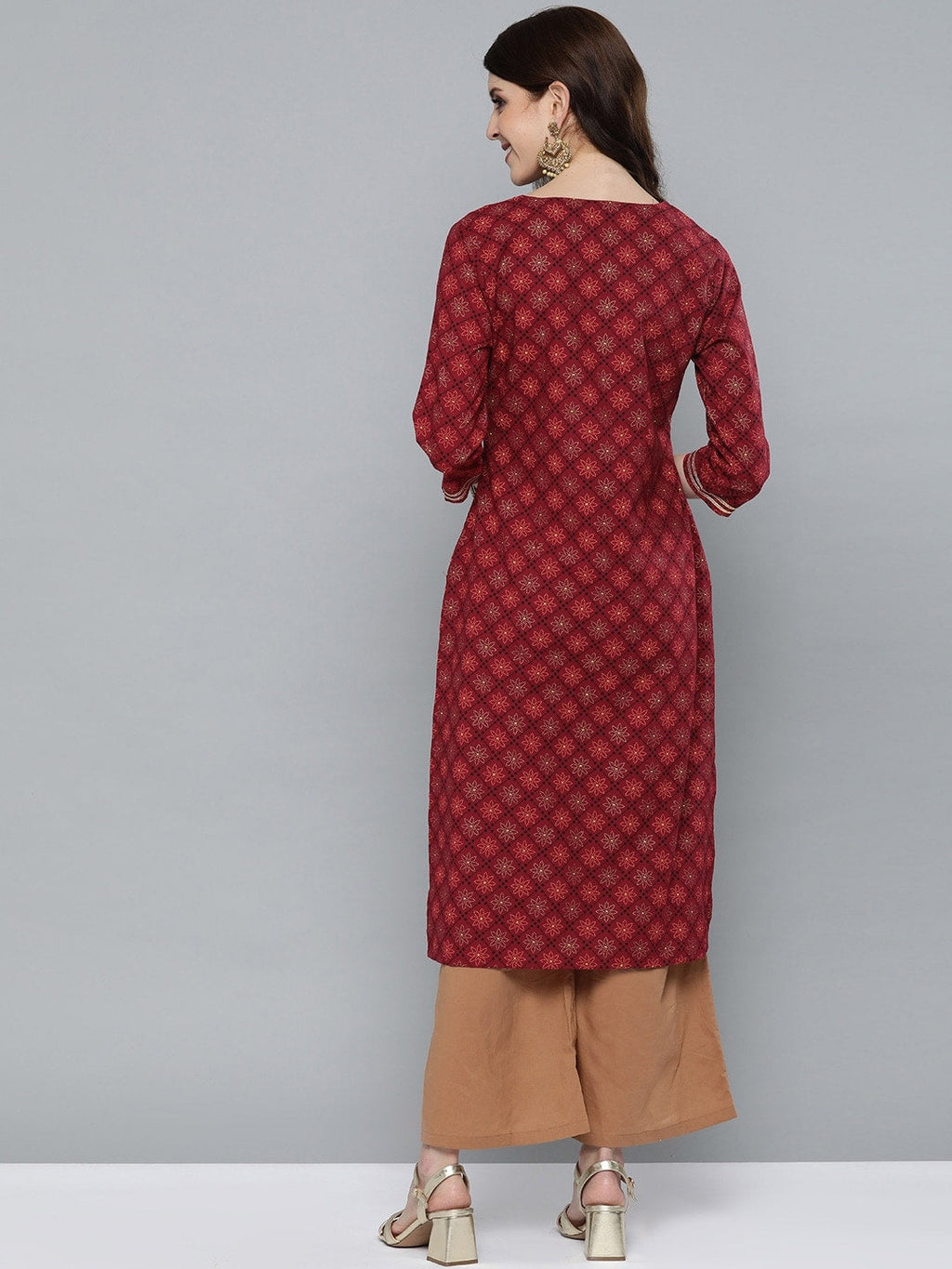 HERE&NOW Women Maroon & Golden Floral Printed Straight Kurta