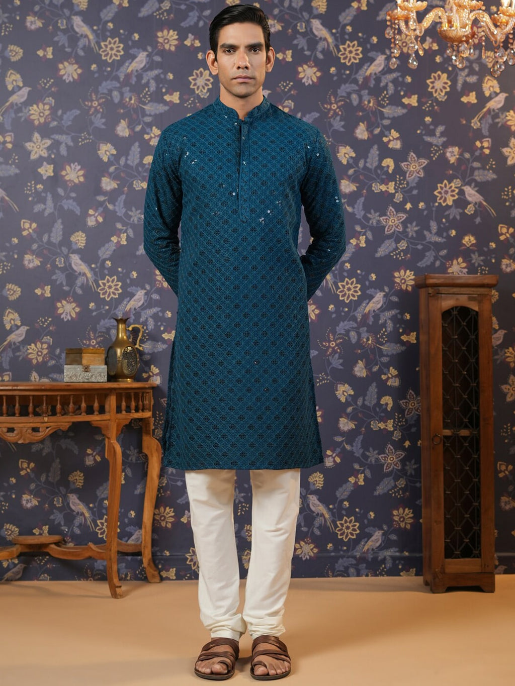 House of Pataudi Ethnic Motifs Embroidered Sequinned Straight Kurta With Churidar