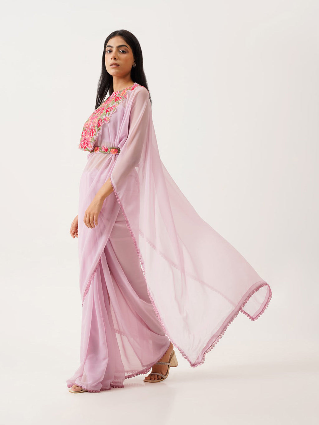 Tikhi Imli Lavender & Pink Floral Embroidered Belted Saree