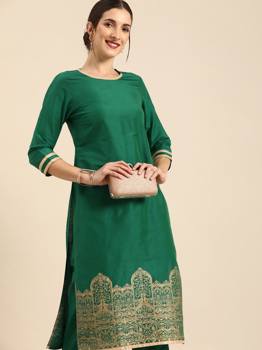 All About You Women Green & Gold Printed Regular Kurta with Trousers
